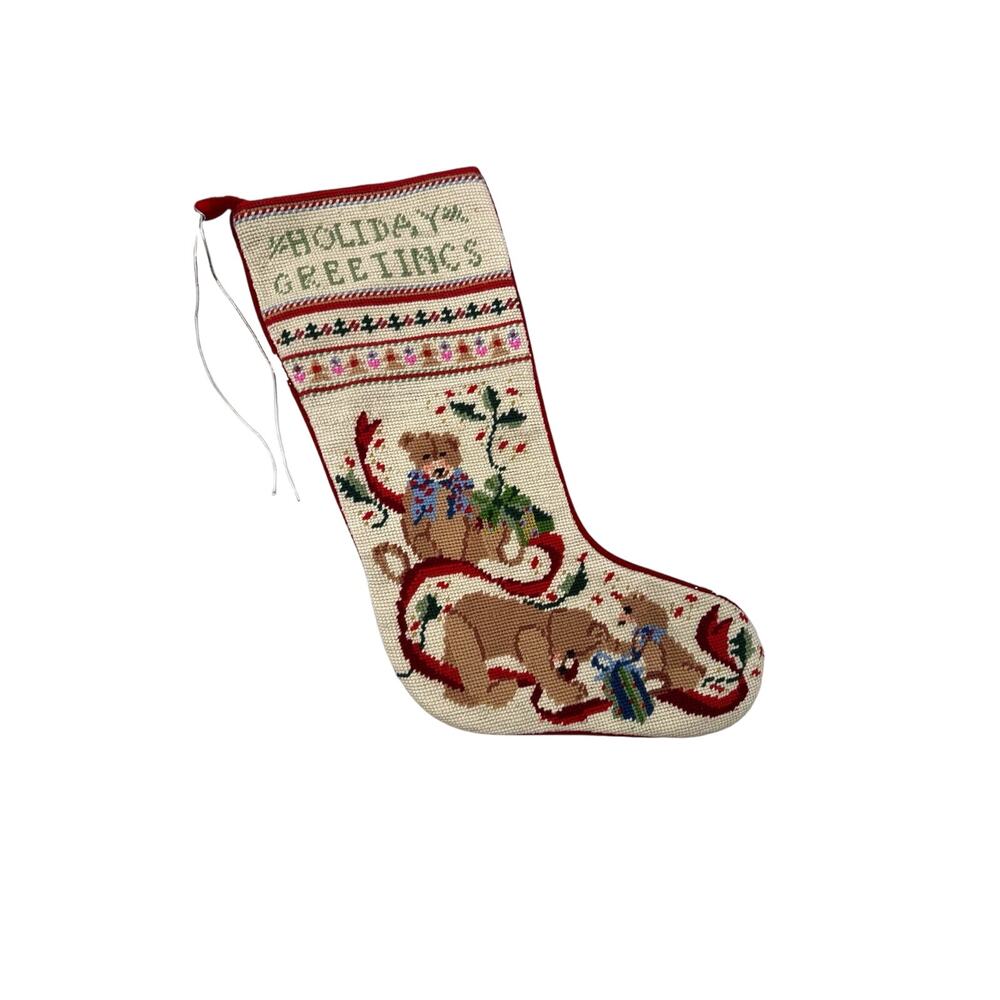 Vintage Stocking Wool Blend Needlepoint Holiday Greetings Teddy Bears Red Velvet